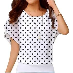 NWT! VIISHOW Women's Summer Loose Casual Chiffon Blouse White Dot 4XL‎